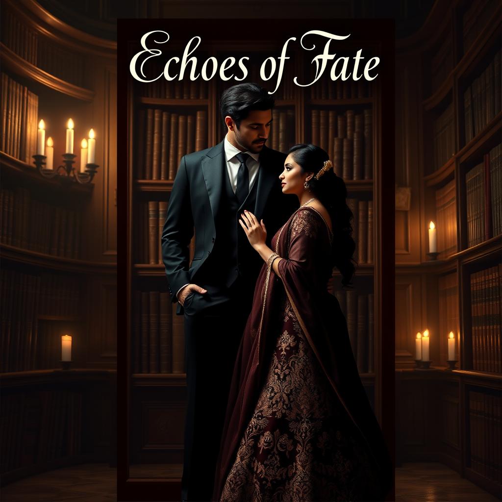 A romantic book cover for a mafia-themed novel titled 'Echoes of Fate,' featuring a tall, handsome Italian mafia man and an elegant Indian mafia princess