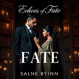A romantic book cover for a mafia-themed novel titled 'Echoes of Fate,' featuring a tall, handsome Italian mafia man and an elegant Indian mafia princess