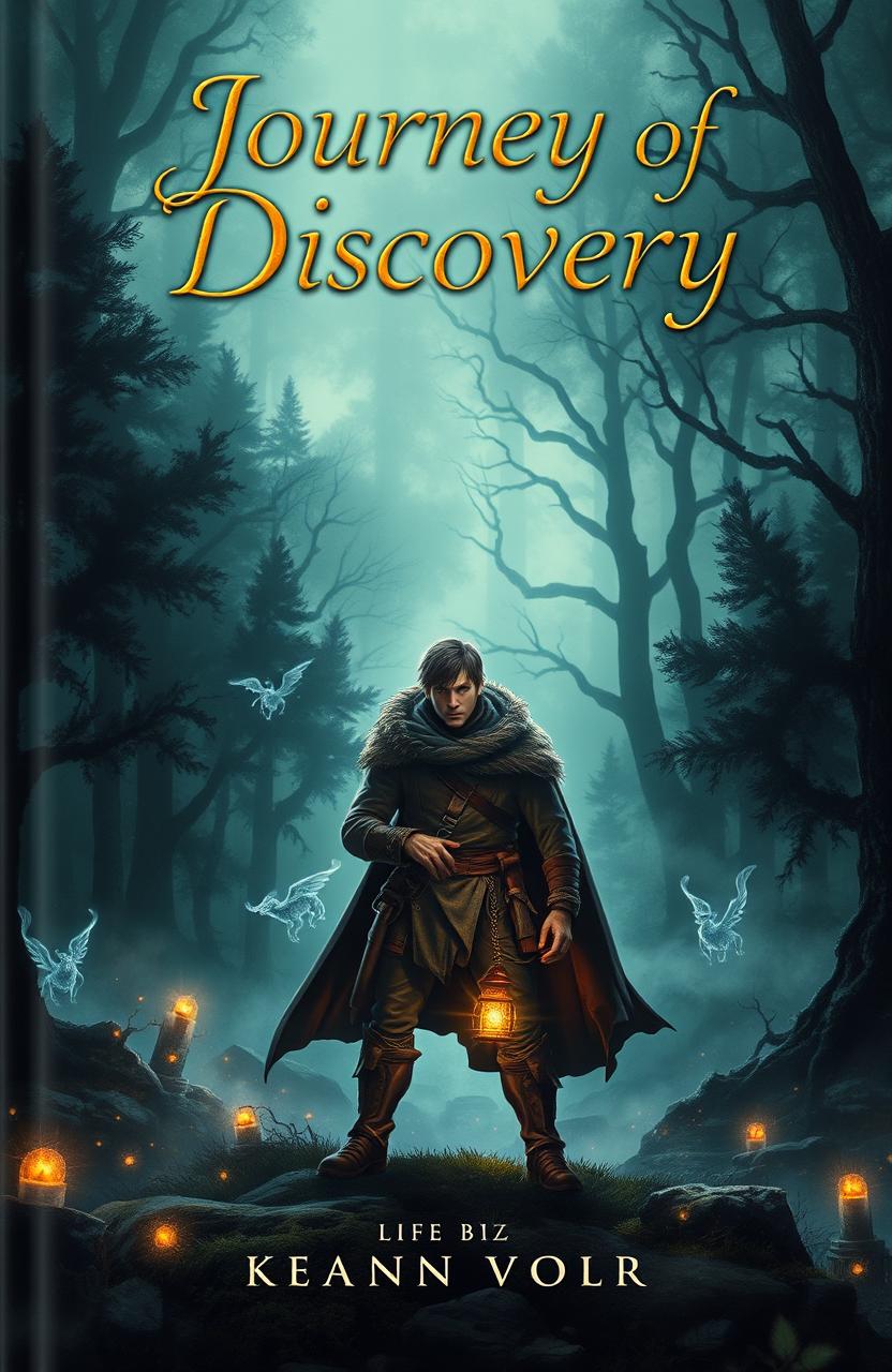 A captivating book cover for 'Journey of Discovery', featuring a mysterious and enchanting landscape