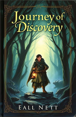 A captivating book cover for 'Journey of Discovery', featuring a mysterious and enchanting landscape