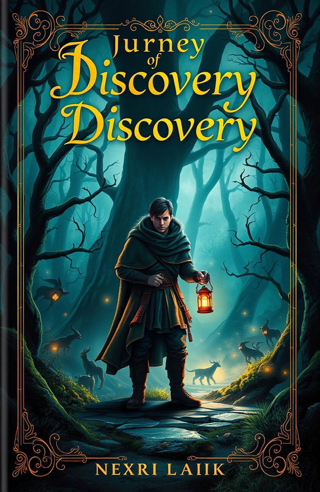 A captivating book cover for 'Journey of Discovery', featuring a mysterious and enchanting landscape