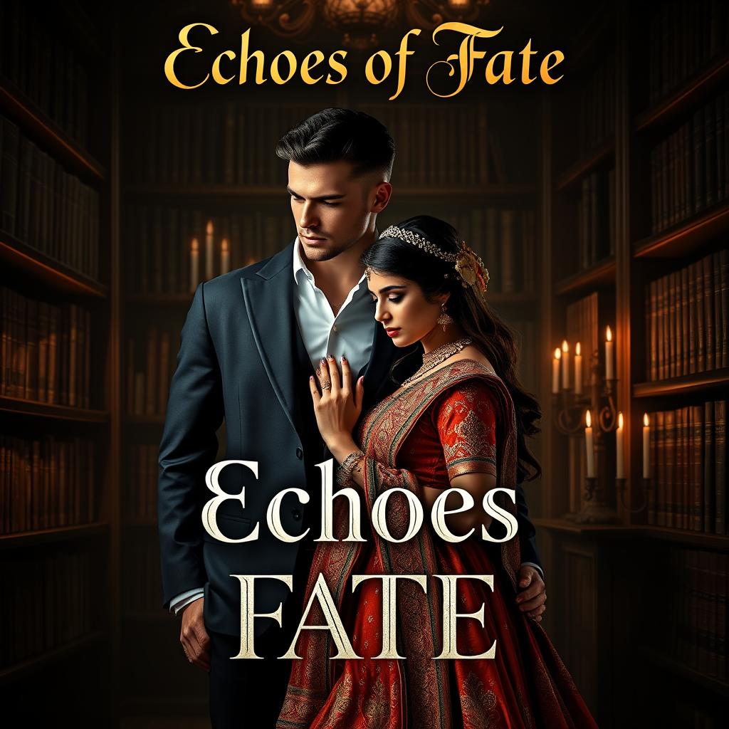 A romantic book cover for the mafia-themed novel 'Echoes of Fate,' showcasing a tall, handsome Italian mafia man with strong, chiseled features and dark hair, exuding a charismatic and mysterious allure