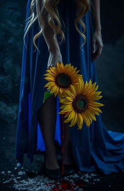 A scene featuring a mysterious blond woman with wavy hair, her lower body prominently displayed