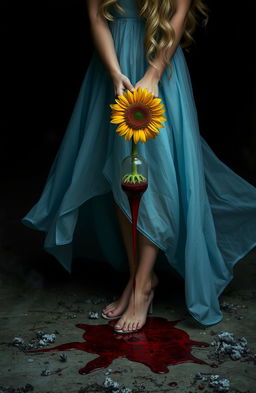 A scene featuring the lower body of a beautiful blonde woman with wavy hair, wearing a light blue dress that flows gently