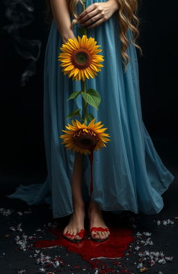 A scene featuring the lower body of a beautiful blonde woman with wavy hair, wearing a light blue dress that flows gently