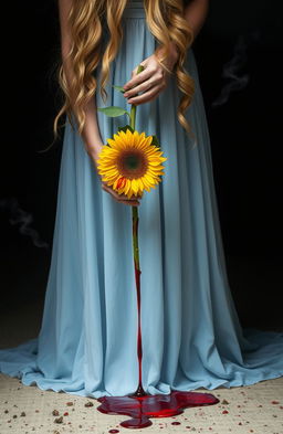 A scene featuring the lower body of a beautiful blonde woman with wavy hair, wearing a light blue dress that flows gently