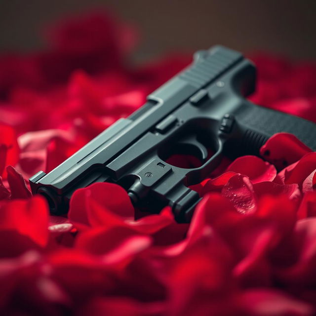 A close-up shot of a sleek, matte black pistol elegantly placed on a bed of vibrant red rose petals