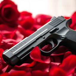 A close-up shot of a sleek, matte black pistol elegantly placed on a bed of vibrant red rose petals