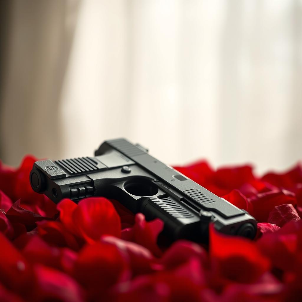 A close-up shot of a sleek, matte black pistol elegantly placed on a bed of vibrant red rose petals