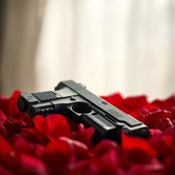 A close-up shot of a sleek, matte black pistol elegantly placed on a bed of vibrant red rose petals