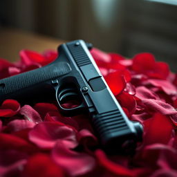 A close-up shot of a sleek, matte black pistol elegantly placed on a bed of vibrant red rose petals