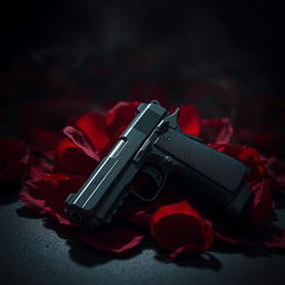 A dark romance aesthetic featuring a pistol elegantly resting on vibrant, deep red rose petals