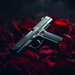 A dark romance aesthetic featuring a pistol elegantly resting on vibrant, deep red rose petals