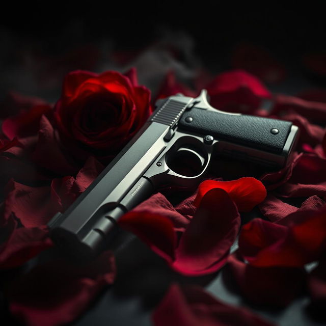 A dark romance aesthetic featuring a pistol elegantly resting on vibrant, deep red rose petals