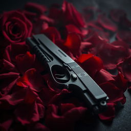 A dark romance aesthetic featuring a pistol elegantly resting on vibrant, deep red rose petals