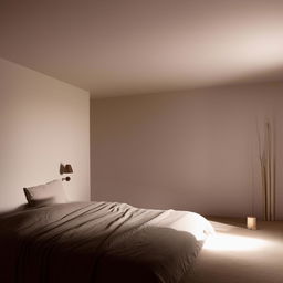 A clean, minimalist bedroom featuring a cozy bed, simple furniture, soft lighting, and uncluttered surfaces.