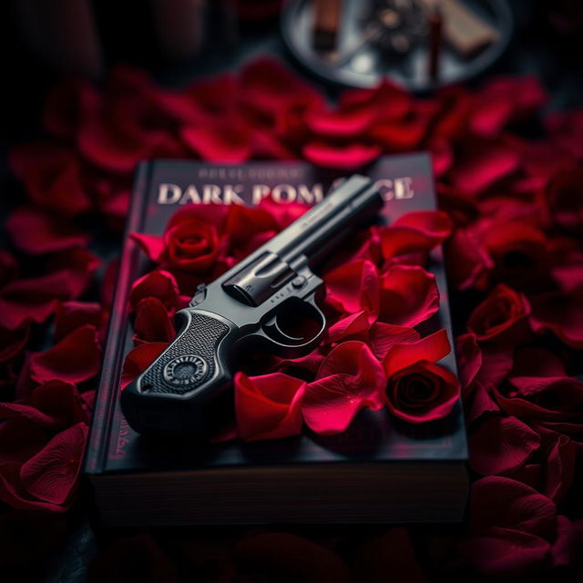 A captivating book cover featuring a pistol elegantly laid on a bed of vibrant rose petals