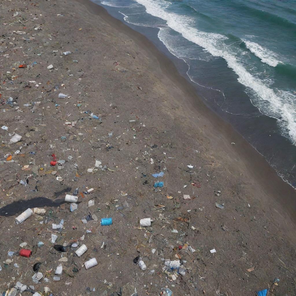 Generate a high-definition, modern, and futuristic image depicting the massive coastal garbage problem, with humans actively contributing to the destruction. Picture polluted beaches and oceans, filled with discarded waste, while humans indifferently continue to exacerbate the issue.