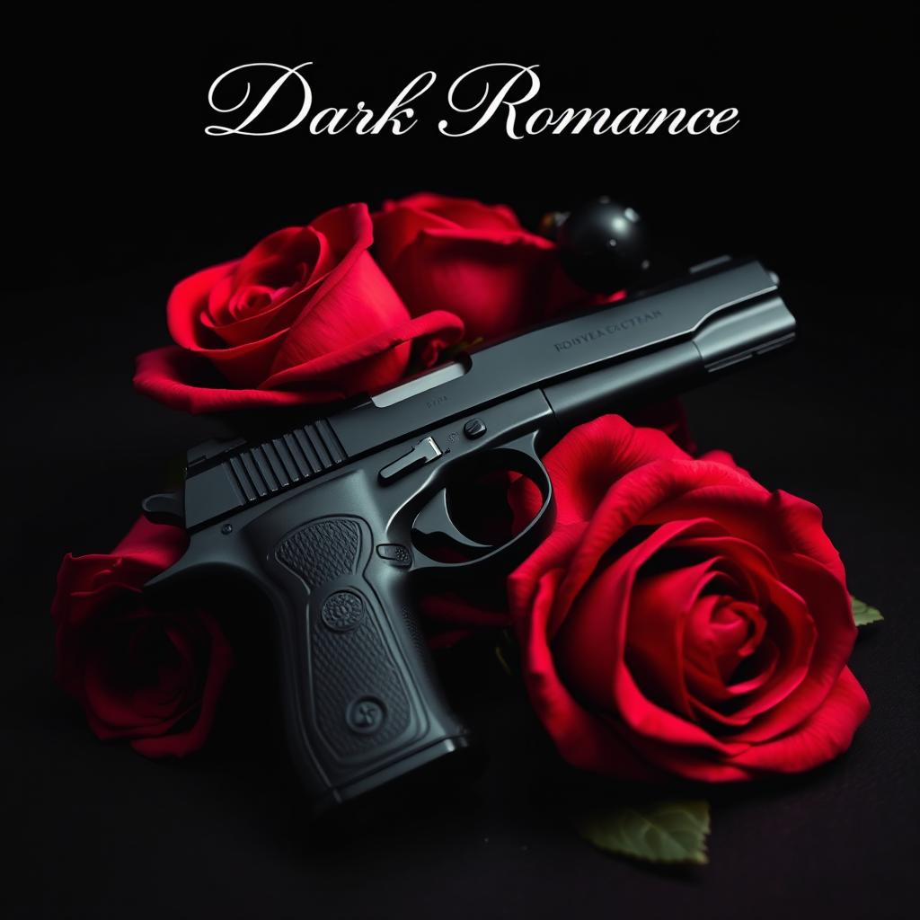 A captivating dark romance book cover featuring a sleek, ominous pistol entwined with vibrant red roses