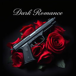 A captivating dark romance book cover featuring a sleek, ominous pistol entwined with vibrant red roses