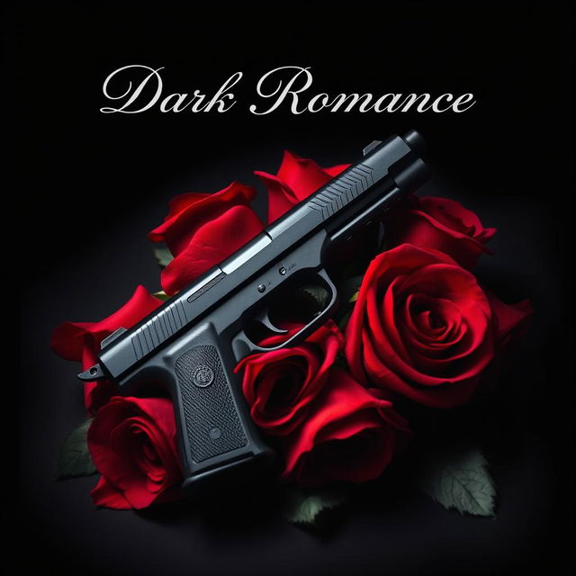 A captivating dark romance book cover featuring a sleek, ominous pistol entwined with vibrant red roses