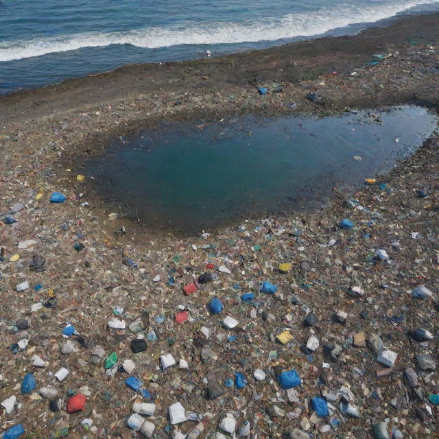 Generate a high-definition, modern, and futuristic image depicting the massive coastal garbage problem, with humans actively contributing to the destruction. Picture polluted beaches and oceans, filled with discarded waste, while humans indifferently continue to exacerbate the issue.