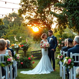 A beautiful outdoor wedding scene set in a lush garden