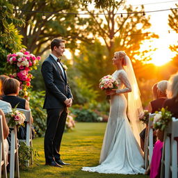 A beautiful outdoor wedding scene set in a lush garden