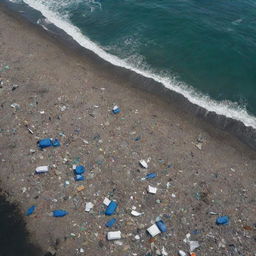 Generate a high-definition, modern, and futuristic image depicting the massive coastal garbage problem, with humans actively contributing to the destruction. Picture polluted beaches and oceans, filled with discarded waste, while humans indifferently continue to exacerbate the issue.