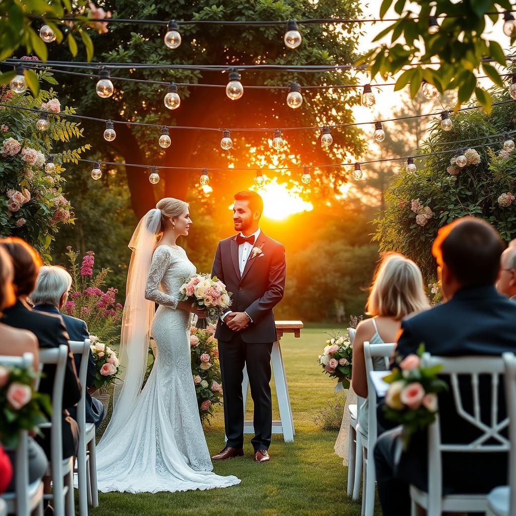 A beautiful outdoor wedding scene set in a lush garden