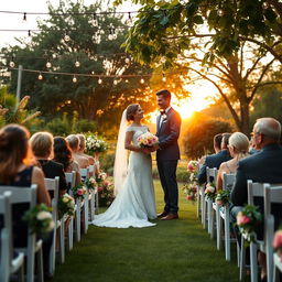 A beautiful outdoor wedding scene set in a lush garden