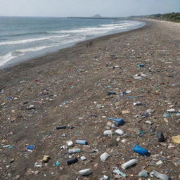 Generate a high-definition, modern, and futuristic image depicting the massive coastal garbage problem, with humans actively contributing to the destruction. Picture polluted beaches and oceans, filled with discarded waste, while humans indifferently continue to exacerbate the issue.