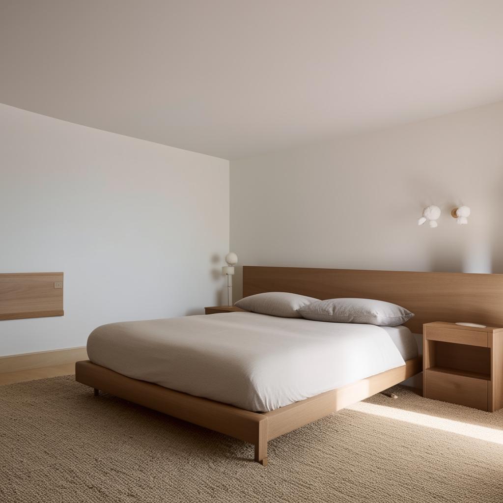 A clean, minimalist bedroom featuring a cozy bed, simple furniture, soft lighting, and uncluttered surfaces.