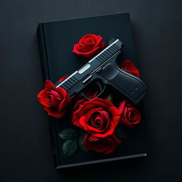 A dark book cover design featuring a stylish pistol entwined with vibrant red roses