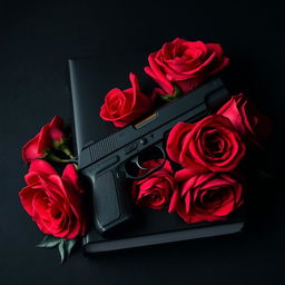 A dark book cover design featuring a stylish pistol entwined with vibrant red roses