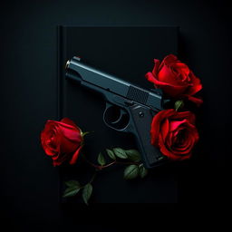 A dark book cover design featuring a stylish pistol entwined with vibrant red roses