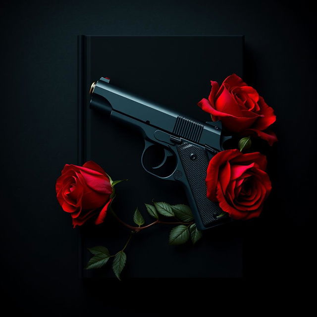 A dark book cover design featuring a stylish pistol entwined with vibrant red roses