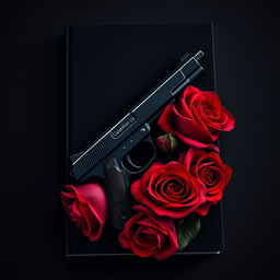 A dark book cover design featuring a stylish pistol entwined with vibrant red roses
