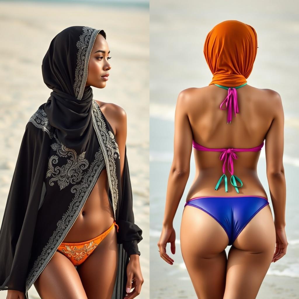 A juxtaposition of traditional Christian head coverings, elegantly styled, alongside modern chic thong bikinis, capturing both side and back angles