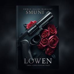 A dark book cover design featuring a realistic, detailed handgun surrounded by exquisite roses and intricate veins, creating a striking contrast between beauty and danger