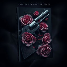 A dark book cover design featuring a realistic, detailed handgun surrounded by exquisite roses and intricate veins, creating a striking contrast between beauty and danger