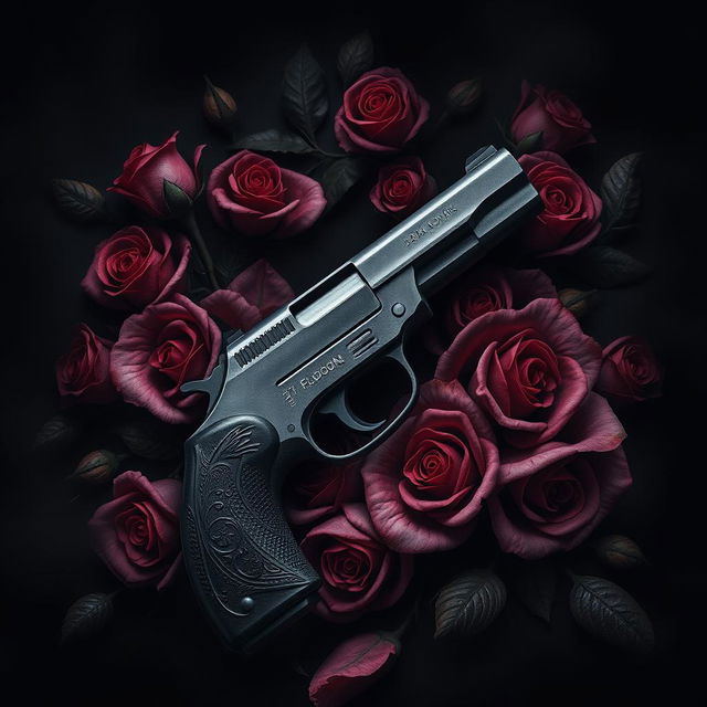 A dark book cover design featuring a realistic, detailed handgun surrounded by exquisite roses and intricate veins, creating a striking contrast between beauty and danger