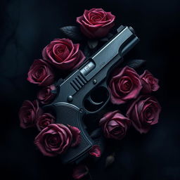 A dark book cover design featuring a realistic, detailed handgun surrounded by exquisite roses and intricate veins, creating a striking contrast between beauty and danger