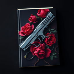 A dark book cover design featuring a realistic pistol entwined with vibrant roses and intricate veins