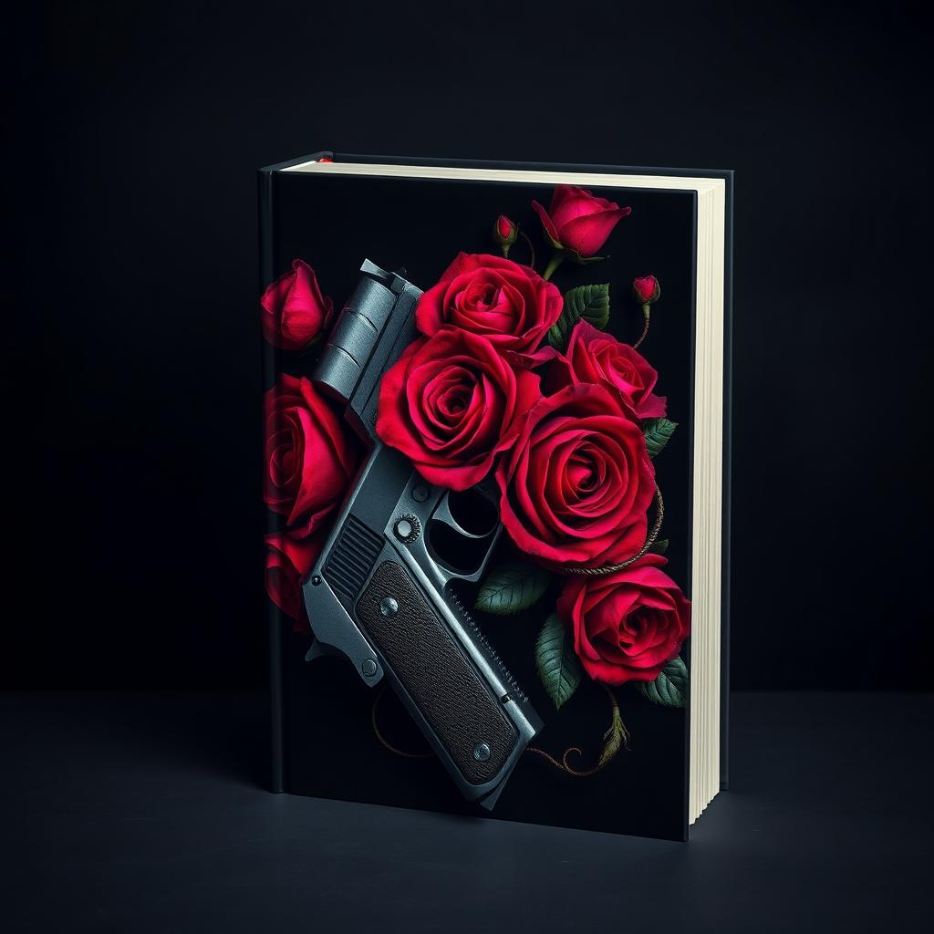 A dark book cover design featuring a realistic pistol entwined with vibrant roses and intricate veins