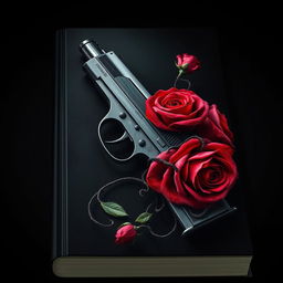 A dark book cover design featuring a realistic pistol entwined with vibrant roses and intricate veins