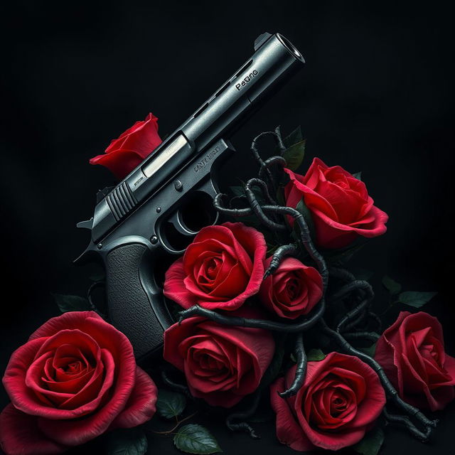 A dark book cover design featuring a realistic pistol entwined with vibrant roses and intricate veins