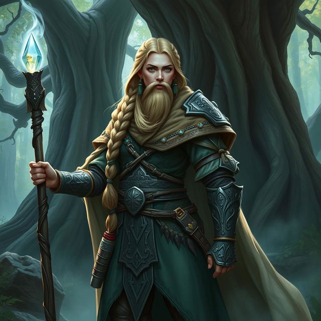 A female dwarf spellcaster from a Dungeons & Dragons setting, standing confidently in a mystical forest