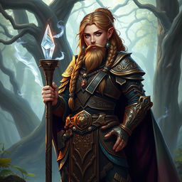 A female dwarf spellcaster from a Dungeons & Dragons setting, standing confidently in a mystical forest