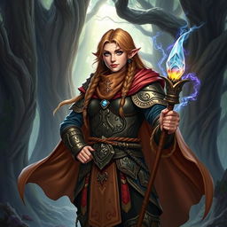 A female dwarf spellcaster from a Dungeons & Dragons setting, standing confidently in a mystical forest